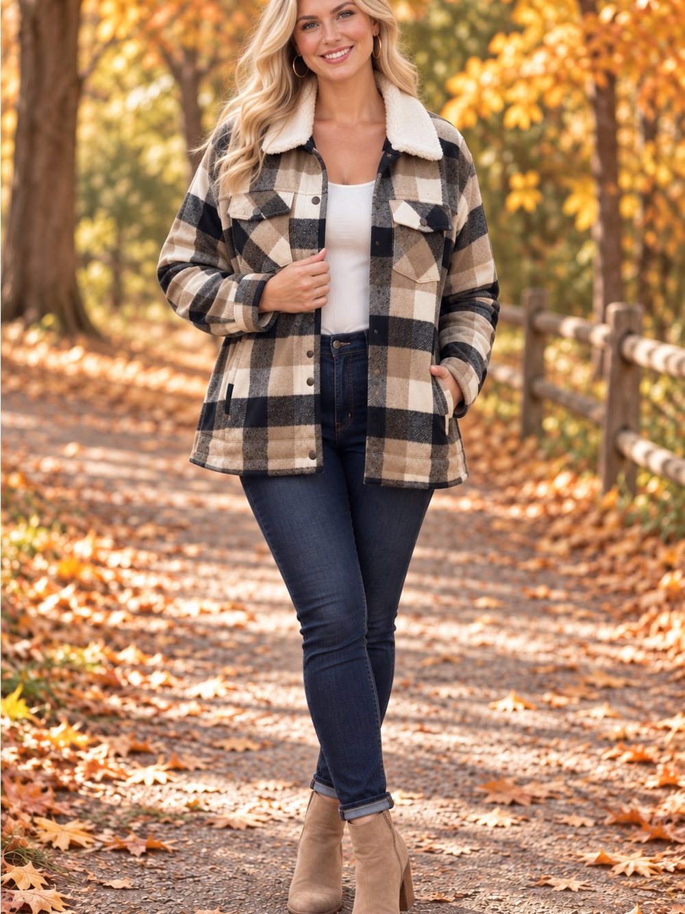 Cozy Plaid Sherpa-Lined Utility Jacket in Beige & Black